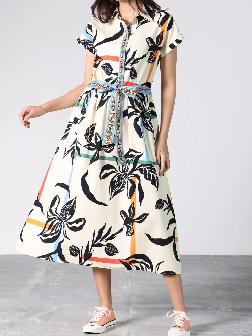Maude Vivante Rylie Cream Floral-Stripe Midi Shirt Dress NWT Size XL